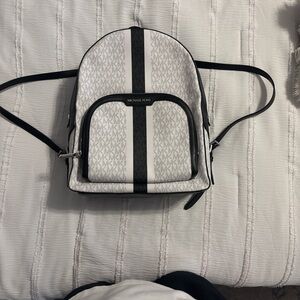 Michael Kors White and Black MK Logo Vertical-Stripe Backpack